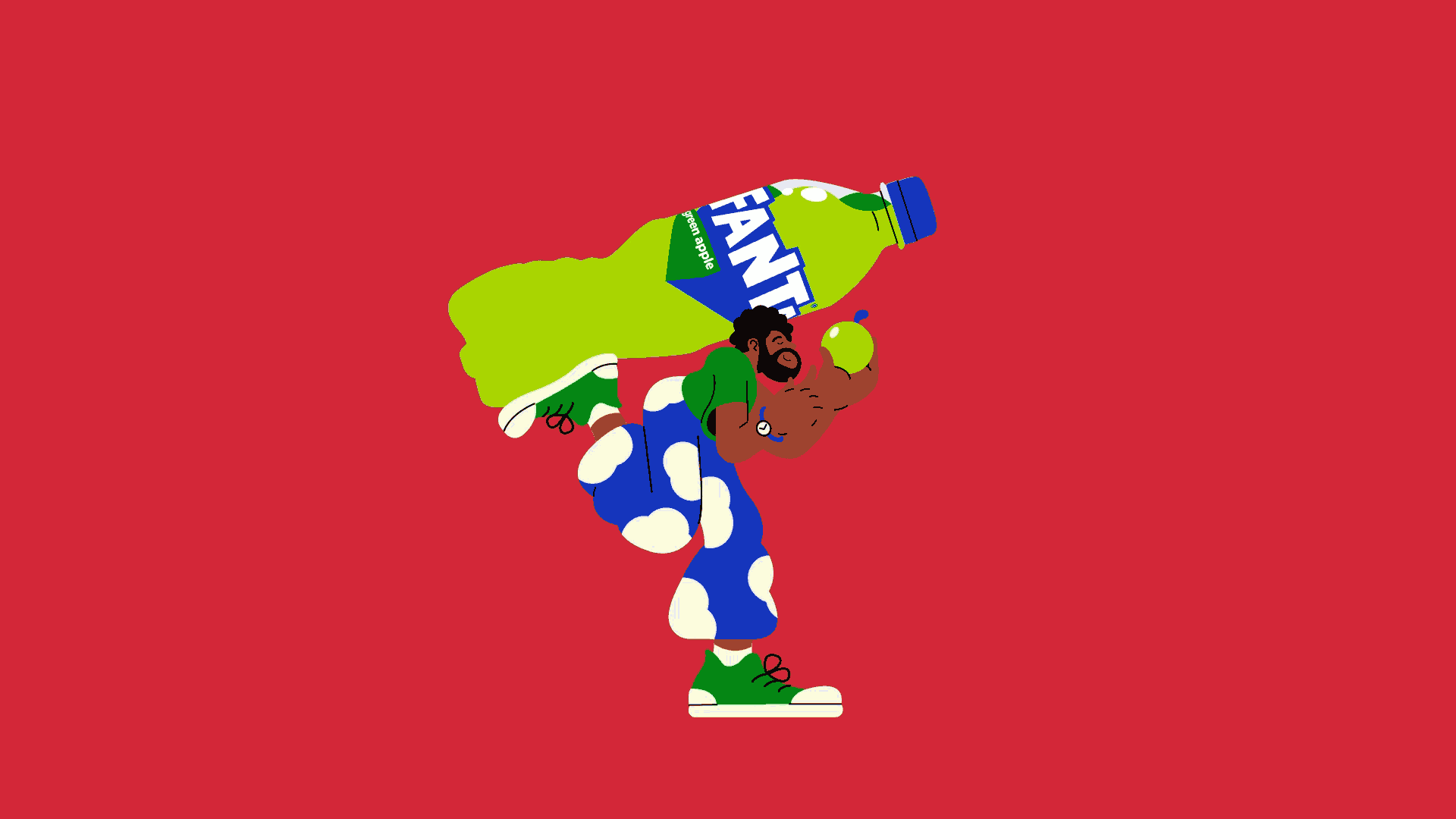Animation of an illustrated character carrying a bottle of green Fanta on their shoulders