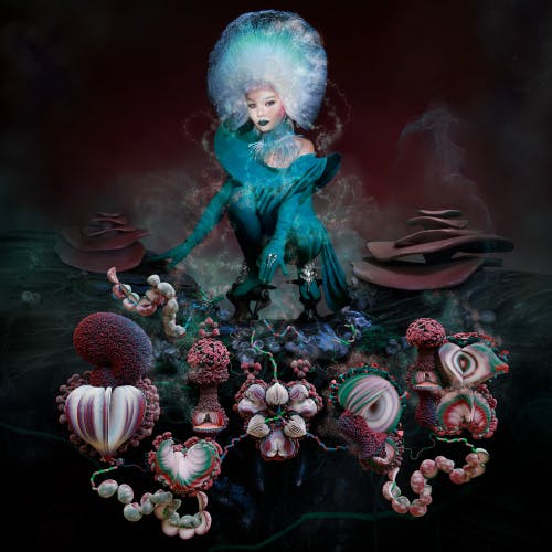 Image by Vidar Logi shows Bjork wearing a teal outfit and headdress surrounded by scuptures in the album cover for Fossora
