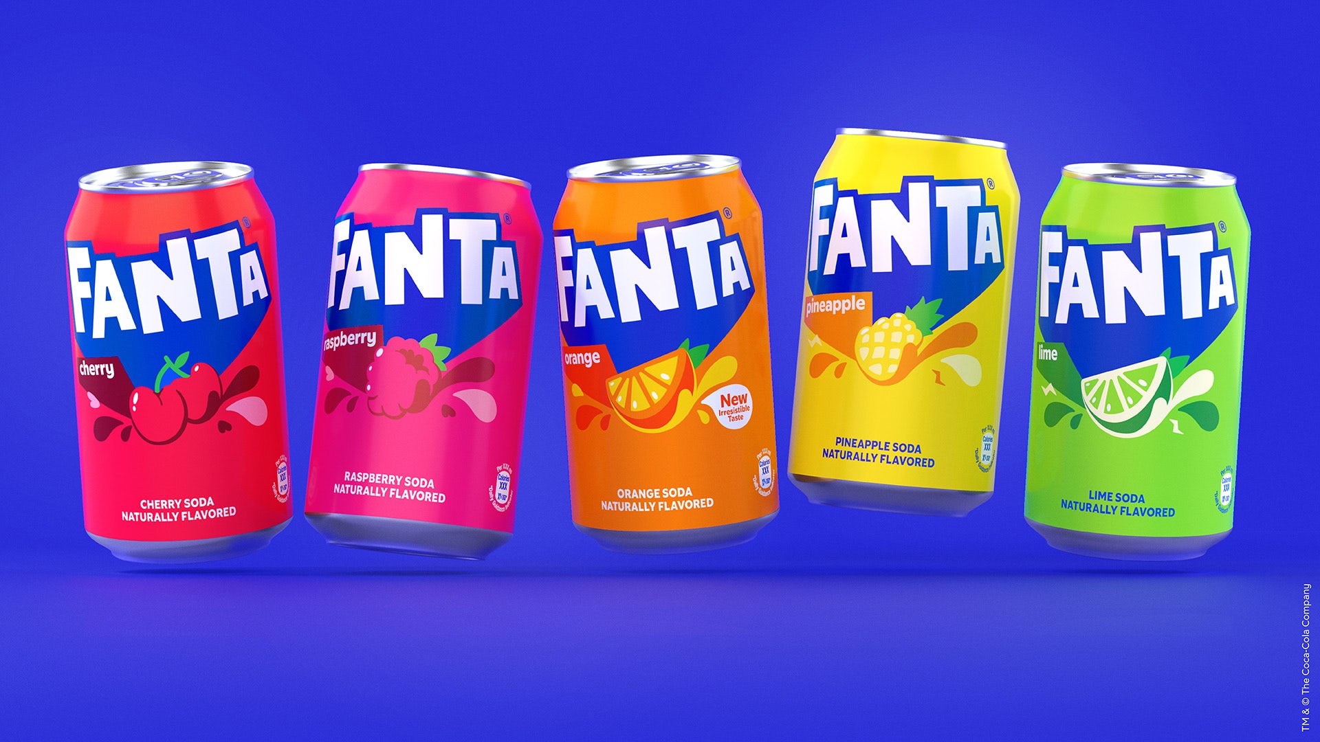 Image shows five cans of Fanta hovering over a bright blue background