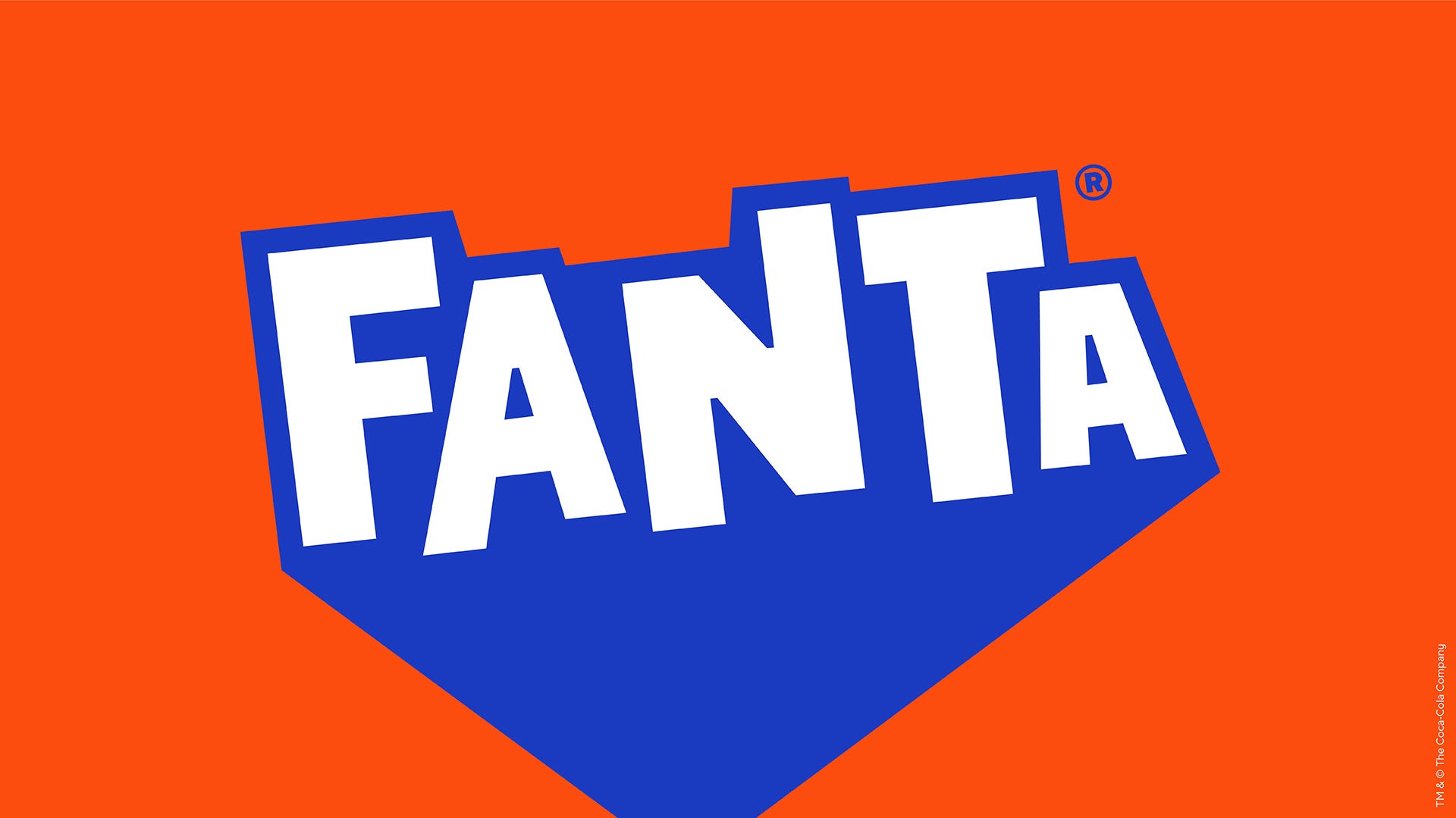 Graphic of the new Fanta wordmark written in white uppercase letters, with an exaggerated blue shadow, shown on a bright orange background