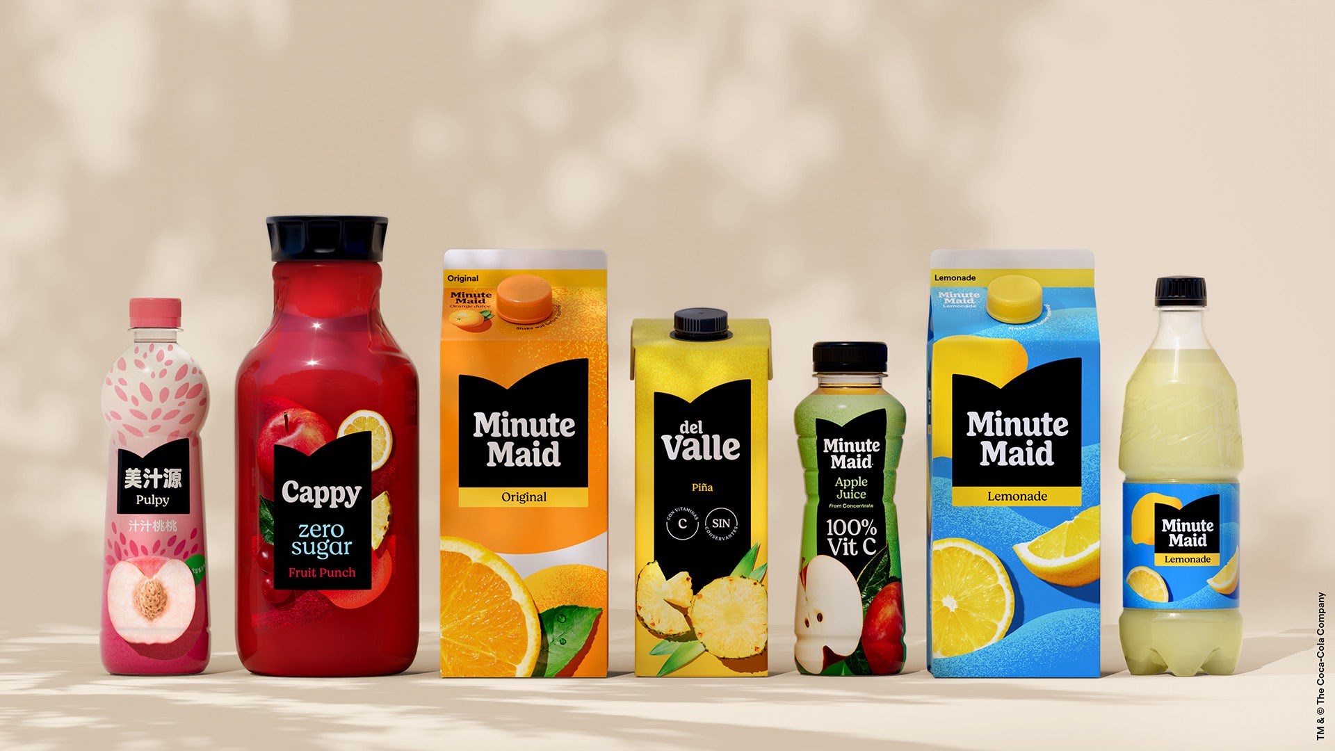 Image showing the new Minute Maid branding and packaging on a line-up of six different drinks products
