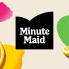 Image of Minute Maid's new logo, featuring a black background with a cut-out in the shape of two hills meeting, and a white rounded serif font, against a background of illustrations and photos of fruit