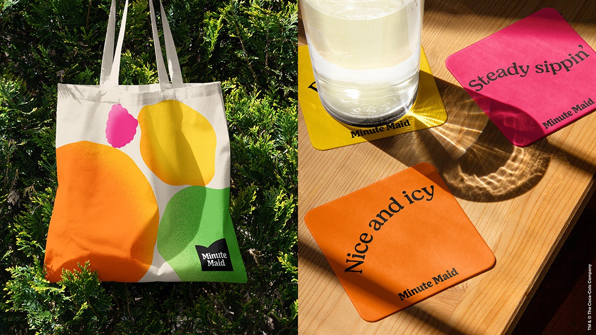 Two side-by-side images showing a Minute Maid tote bag covered in 2D illustrations of fruit on the left, and a photo on the right showing a glass and a set of coasters on a table that read 'Nice and icy' and 'Steady Sipping'