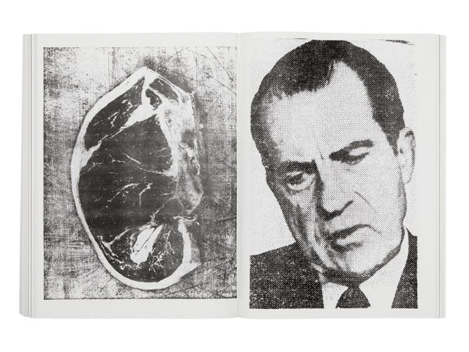 A spread from Newspaper published by Primary Information featuring an image of a piece of meat on the left and a photograph of Richard Nixon on the right