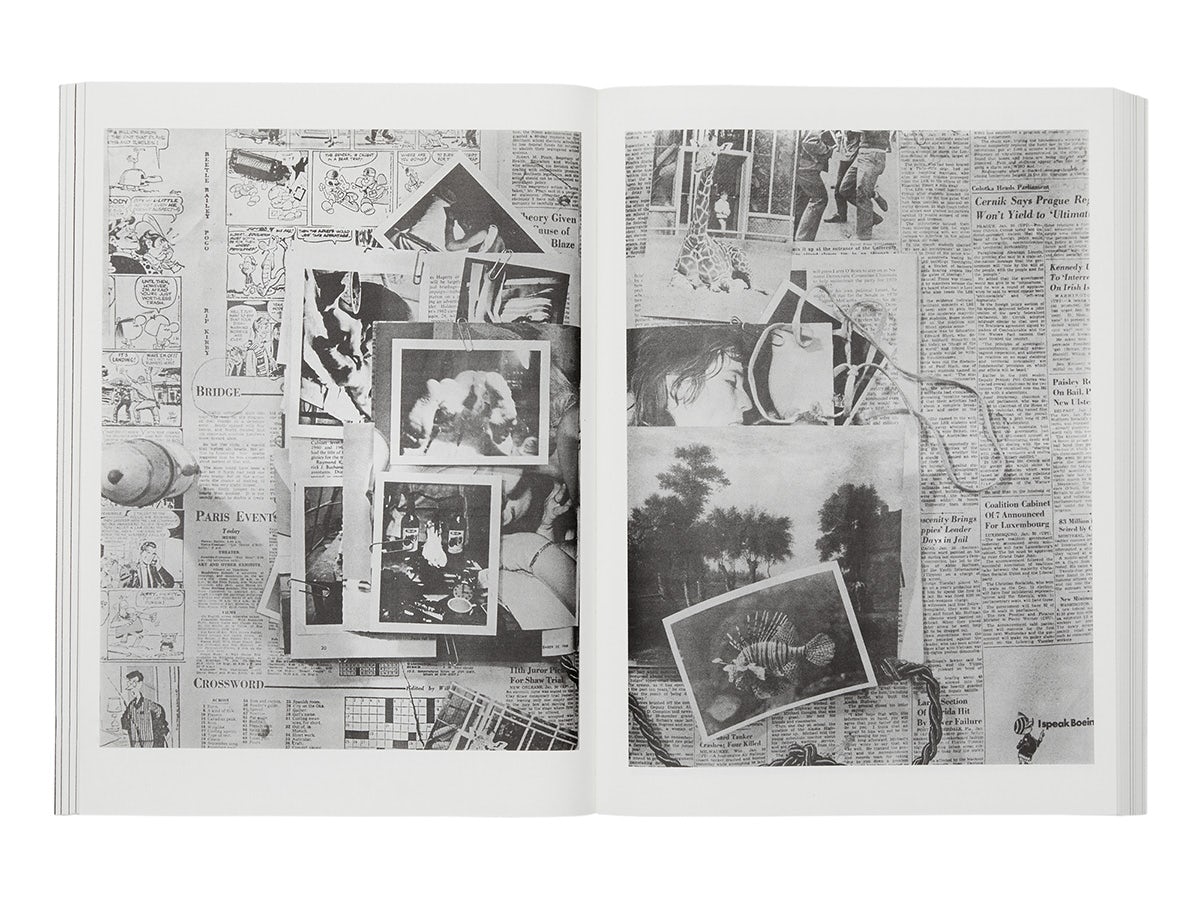 Spreads from Newspaper published by Primary Information featuring a collage of black and white images and newspaper clippings