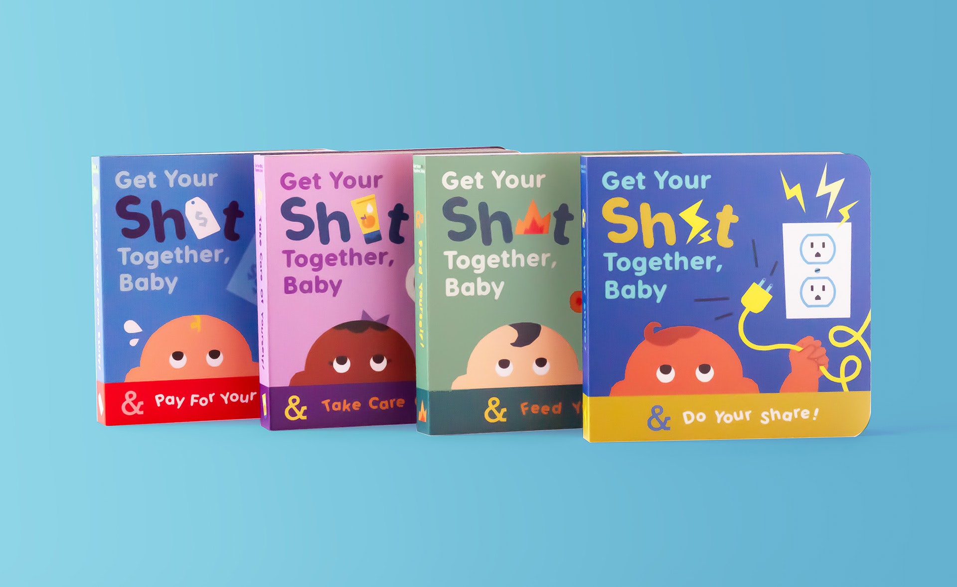 Image shows four mock baby books titled 'Get your sh*t together, baby' on a blue background