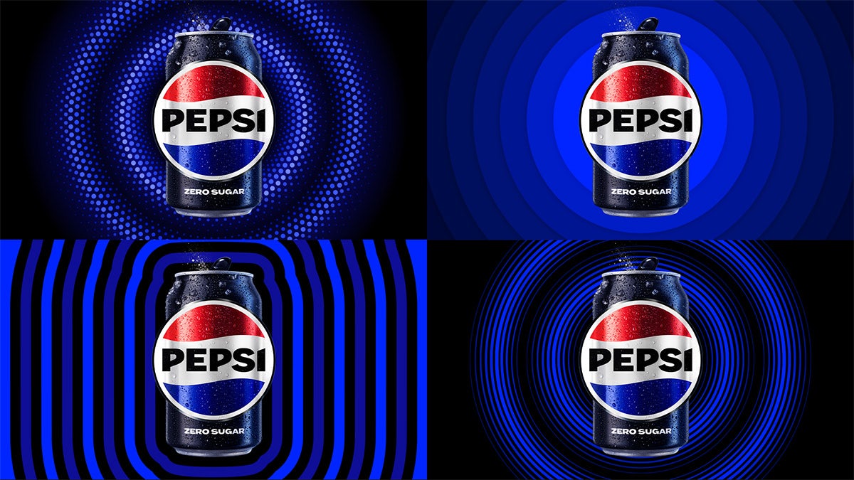 Graphic shows the new Pepsi branding on cans with blue graphic backgrounds