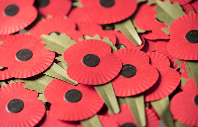 Image shows a pile of the new Royal British Legion poppy designs