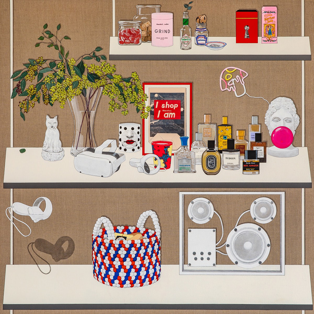 Painting by Sooyoung Chung showing a vase of flowers, pefume bottles, a basket, and other objects arranged across three shelves