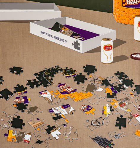 Painting by Sooyoung Chung showing pieces of a puzzle scattered on a floor next to a puzzle box and a can of Stella Artois