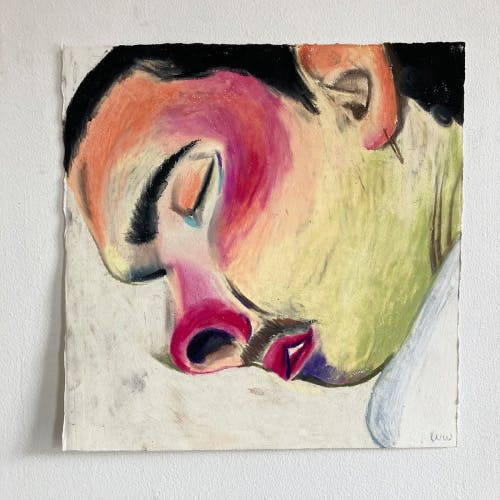 Image shows a drawing by Wilfrid Wood of his boyfriend Theo's face covered with pink and orange shadows as he sleeps