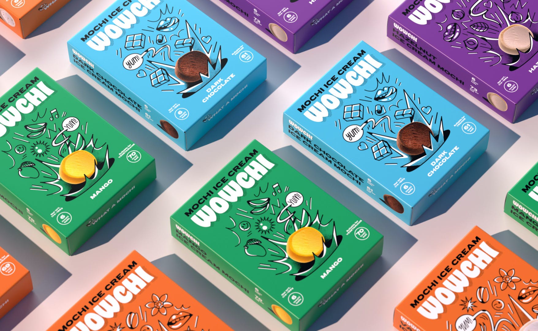 Image shows rows of boxes of Wowchi mochi in green, orange, blue and purple packaging with line illustrations and mochi balls on the front